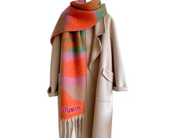 Custom Name Super Oversized Scarf, Monogram Rainbow Plaid Long Boho Soft Tassel Chunky Scarf, Cozy Gift for Her, Personalized Oblong Scarves