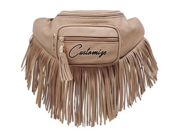 Personalized Faux Leather Fringe Fanny Pack, Custom Text Bachelorette Party Western Boho Fringe Tassel Fanny Pack Waist Bag, Concert Bag