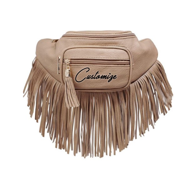 Personalized Faux Leather Fringe Fanny Pack, Custom Text Bachelorette Party Western Boho Fringe Tassel Fanny Pack Waist Bag, Concert Bag