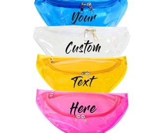 CUSTOM TEXT Bright Multicolor Clear Plastic Large Fanny Pack- Clear Colorful Festival Belt Bag- Customize Pocket Bag- Personalize Bag