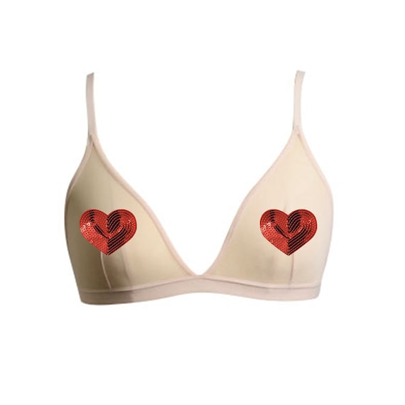 Sheer Mesh Bralette- Red Sequin Heart Pasties Nude Sheer Bralette- Heart  Applique Bra with Adjustable Straps- Fashion Mesh Bralette