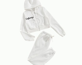 Customized White Lounge Set, White Oversized Cropped Hoodie Drawstring Pants, Wedding Day Getting Ready Outfit, Personalized Honeymoon Set