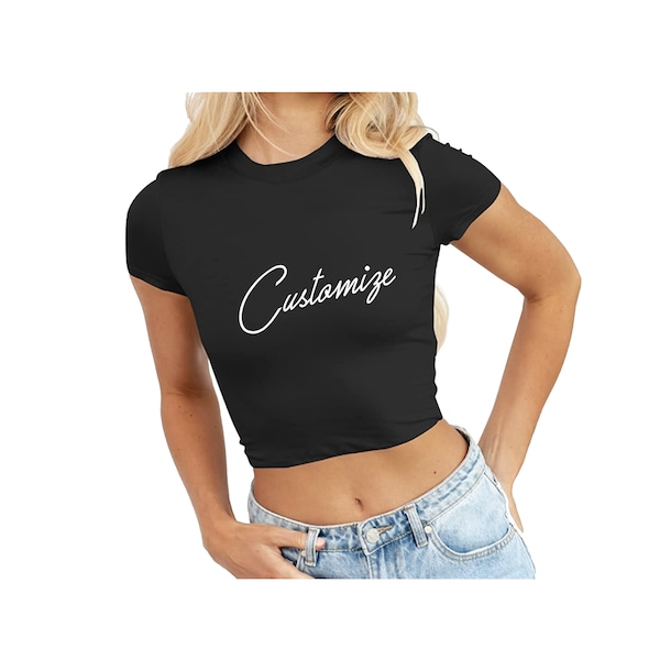 Custom Text Crewneck Short Sleeve Crop Midi Slim Fit Top Shirt- Customize Basic Front Top- Bachelorette Trendy Fun Personalized T-Shirt