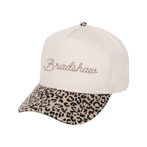 Personalized Two Tone Canvas Leopard Print Bill Baseball Hat, Custom Text Adjustable Structured Animal Print Cap, Bachelorette Party Caps