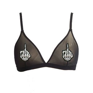 Sheer Mesh Bralette- Flip Off Skeleton Pasties Black Sheer Bralette Applique Bra Adjustable Straps-  Fashion Mesh Bralette for Women Teens