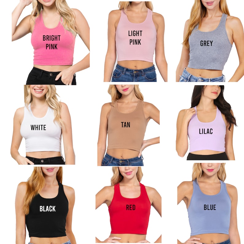 Puede incluir: Nueve camisetas de tirantes de diferentes colores con estilo de espalda nadadora. Los colores son rosa brillante, rosa claro, gris, blanco, marr&oacute;n, lila, negro, rojo y azul. Cada camiseta de tirantes tiene el nombre del color impreso en la parte delantera.