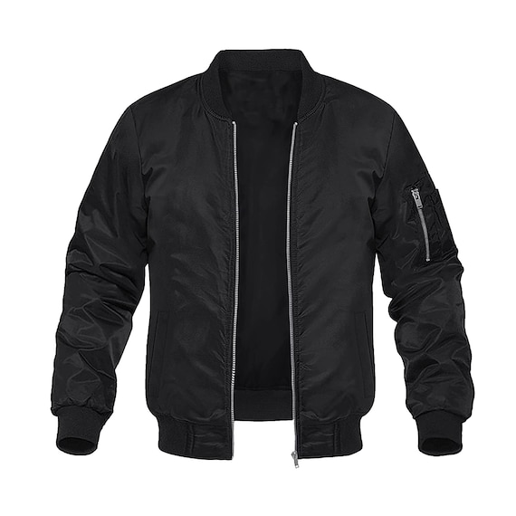 MENS CUSTOM Black Lightweight Bomber Jacket- Long Sleeve Zip