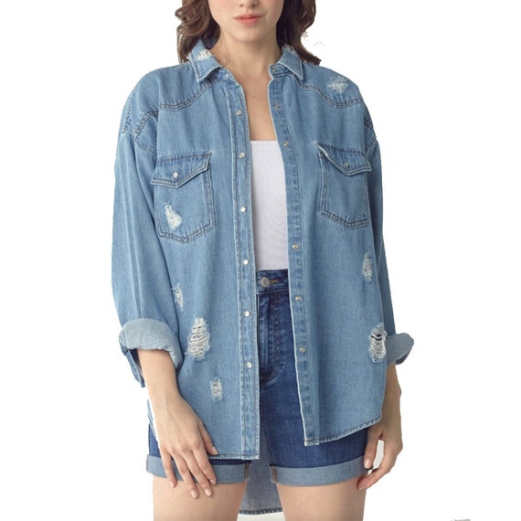 CUSTOM TEXT Oversized Distressed Mid-wash Denim Shirt Jacket