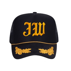 CUSTOM TEXT Nautical Hat- Black Gold Captain Hat- Yacht Sailor Customize or Personalize Sailor Captain Adjustable Snapback Hat- Boating Hat