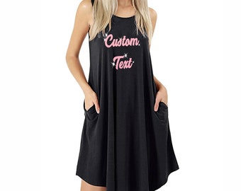 Personalized Glitter Font Tank Dress, Black Tunic Tank Dress with Pockets, Custom Glitter Lettering, Bachelorette Matching Dresses