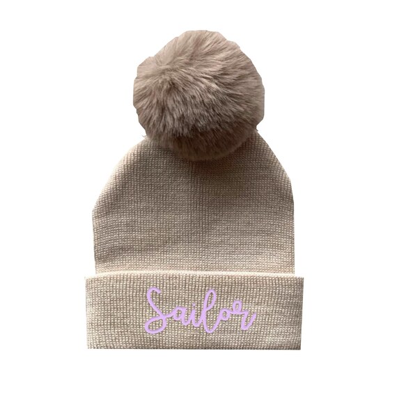 Personalized Embroidered Ribbed Neutral Tan Pom Pom Baby  display picture 2