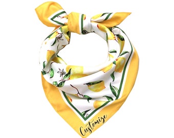 Customize Name Lemon European Inspired Large Square Neckerchief Bandana, Lemon Satin Italian Summer Scarf Bachelorette Party Bridesmaid Gift