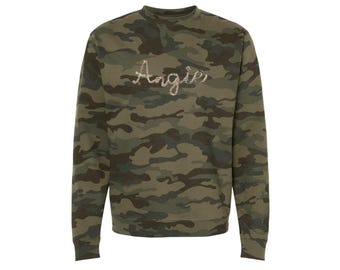 Personalized Soft Camo Sweatshirt, Custom Name Camouflage Embroidered Crewneck Unisex Pullover, Business Logo, Gift for Him, Hunting Outdoor