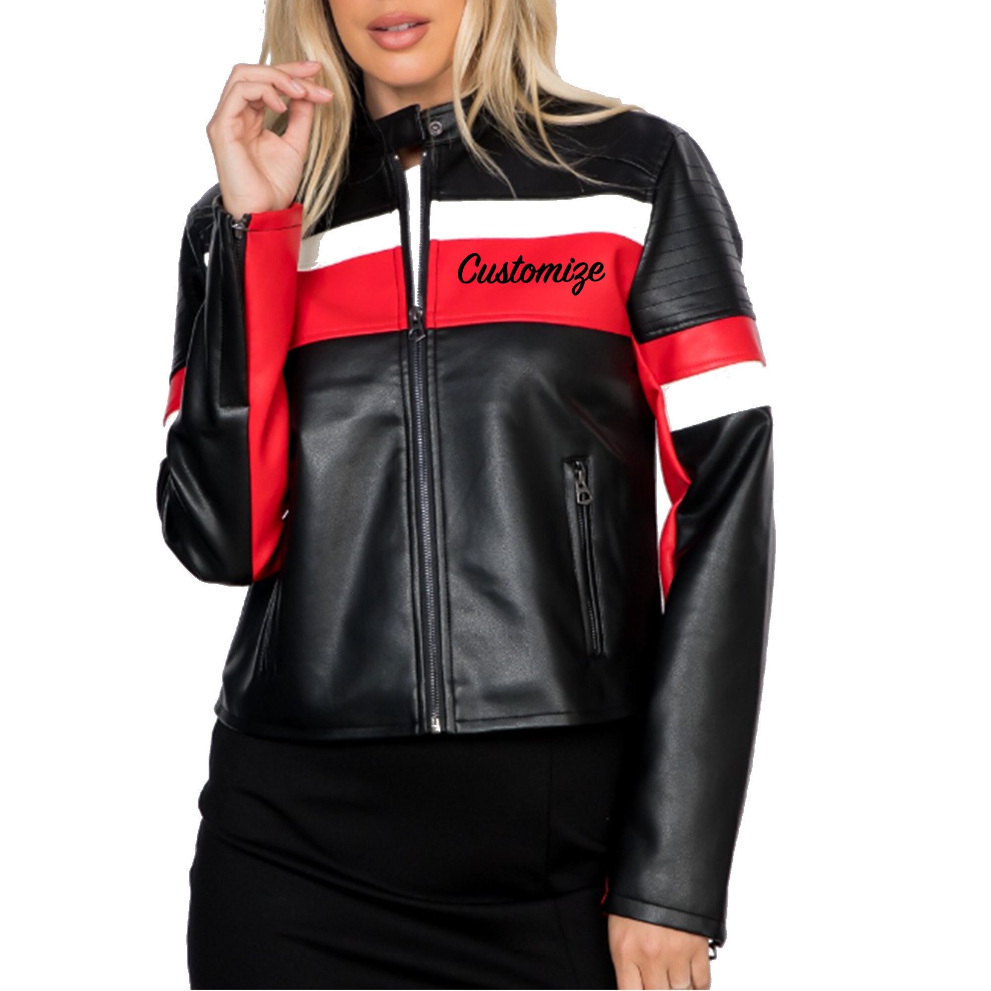Custom Black Red White Racing Faux Leather Jacket, Womens Custom Black Red White Racing Faux Leather Jacket, Womens