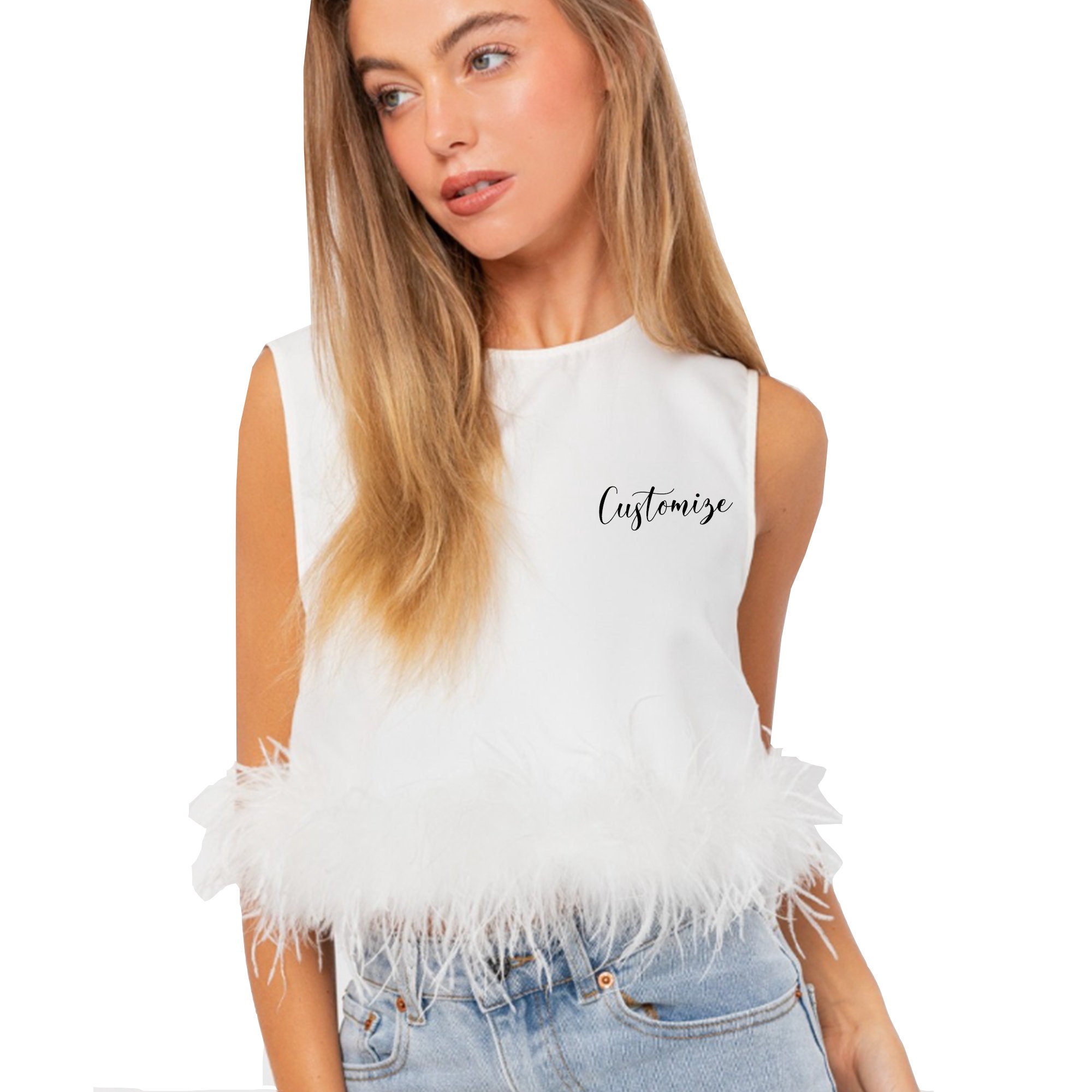 FEATHER RIBBON NOSLEEVE TOPS