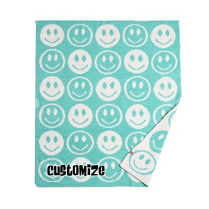 Personalized Adult or Kid Teal Smile Face Blanket, Embroidered Monogram Mint Luxury Soft Happy Smile Throw Blanket, Baby Shower Gift