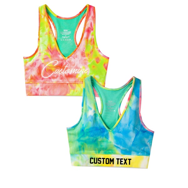 Personalized Bright Tie Dye Sports Bra, Business Logo Workout Gym Yoga Multicolor Racerback Sport Bra, Bachelorette Party Crop Tanks,