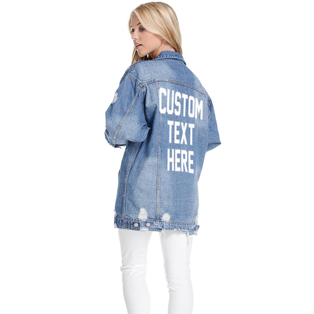 CUSTOM TEXT Long Oversized Denim Jacket Mid-wash Vintage Inspired and ...