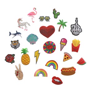 May include: A set of 18 colorful iron-on patches featuring various designs, including a flamingo, a pineapple, a rainbow, a heart, a seashell, a lightning bolt, a pizza slice, a watermelon slice, a french fry, an ice cream cone, a rose, a peace sign, a pair of sunglasses, a cactus, a palm tree, a tiger, a unicorn, and a skeleton hand.