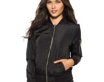Womens Custom Black Bomber Jacket- Long Sleeve Zip Up Black Bomber Jacket- Classic Personalize Bomber Jacket- Custom Text- Bride Jacket