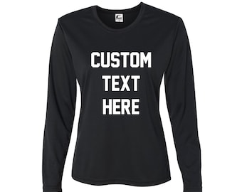 Camiseta feminina de manga comprida com texto personalizado, camisa de manga comprida com logotipo comercial, camiseta personalizada para equipe esportiva, camiseta para gerenciamento de umidade, treino