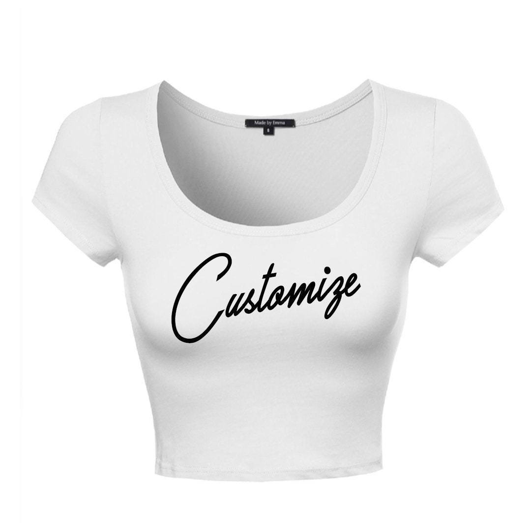 Custom Text White Scoop Neck Short Sleeve Crop Midi Top Shirt Customize ...