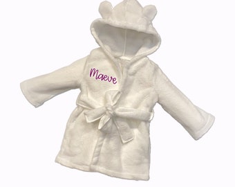 Personalized Baby Toddler White Plush Embroidered Robe, Fleece Hooded Robe with Ears, Gift for Baby, Custom Name Embroidery, Baby Shower