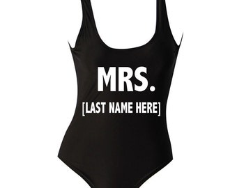 CUSTOM MRS Last Name Black White or RED One Piece Swimsuit- Women Monokini Swimming Suit- Honeymoon Just Married Bachelorette One Piece Suit