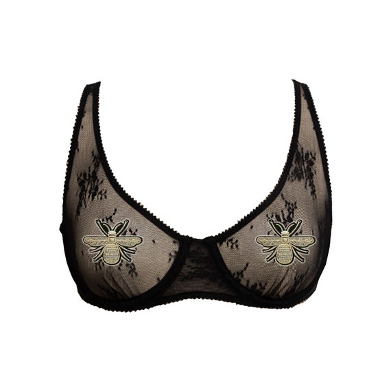 Sheer Mesh Bralette Bee Applique Patches Pasties Black Sheer Triangle  Bralette Applique Bra W Adjustable Straps Embroidered Bumblebee Bra -   Canada