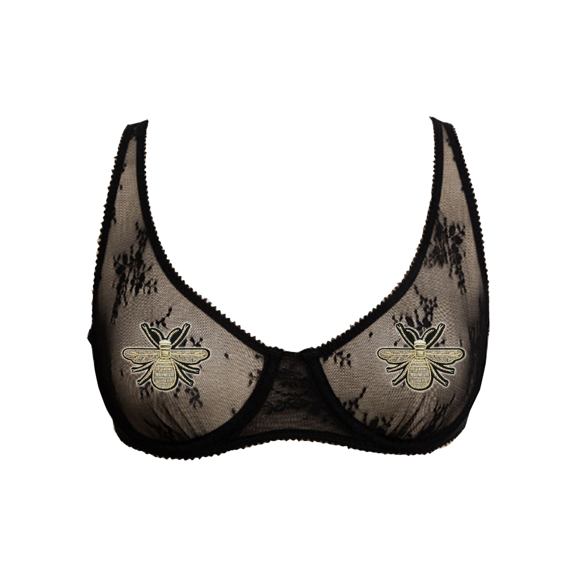 Sheer Mesh Bralette Bee Applique Patches Pasties Black Sheer Triangle  Bralette Applique Bra W Adjustable Straps Embroidered Bumblebee Bra 