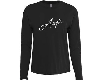 CUSTOM TEXT Any Color Relaxed Comfortable Long Sleeve T-shirt- Pick Color Personalized Tee Women&#39;s Lightweight Long Scoop Gift for Her
