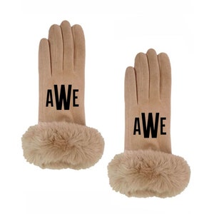 Monogram Initials Beige Tan Faux Fur Gloves- Womens Fur Cuff Smart Touch Gloves- Personalized Stocking Stuffer for Her- Driving Gloves