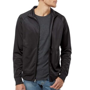 May include: A black zippered jacket with a stand-up collar. The jacket has a ribbed hem and cuffs.