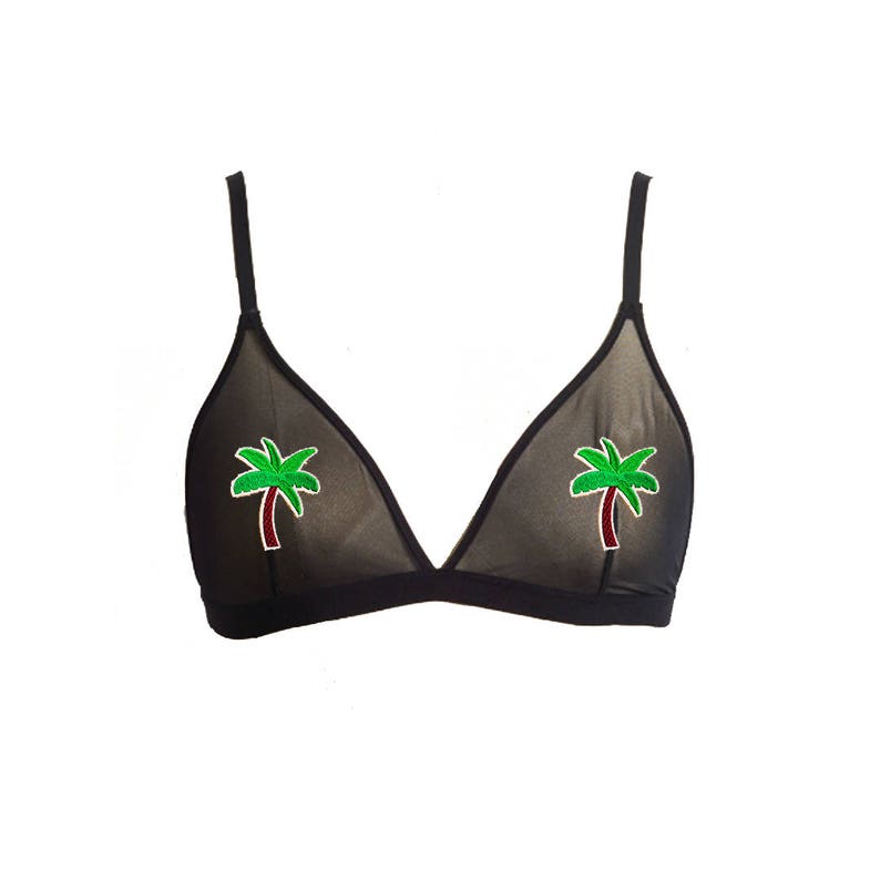 Tropical Fashion Mesh Bralette for Women Teens Sheer Mesh Bralette Palm Tree Pasties Black Sheer Bralette Applique Bra w Adjustable Straps