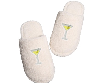 Womens Martini Patch Slippers, Olive Dirty Martini Glass Patch on Ivory Sherpa Closed Toe Slippers, Cozy Gift Her, Martini Luxury Slipper