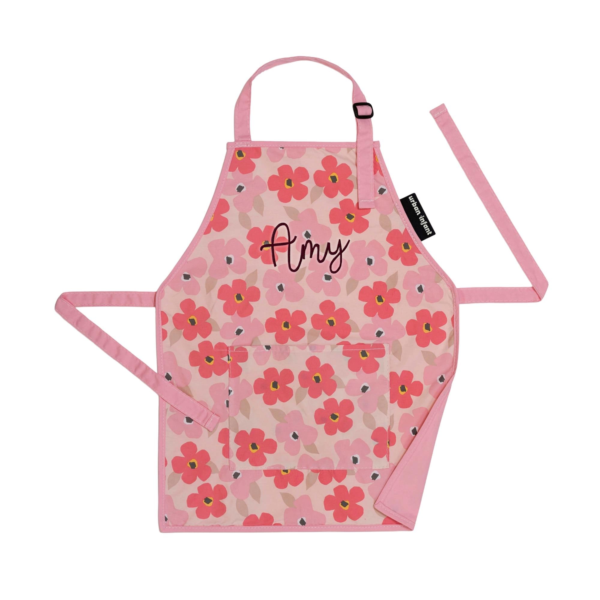 女の子用ピンクの花柄エプロン、カスタムモノグラムペイントクック