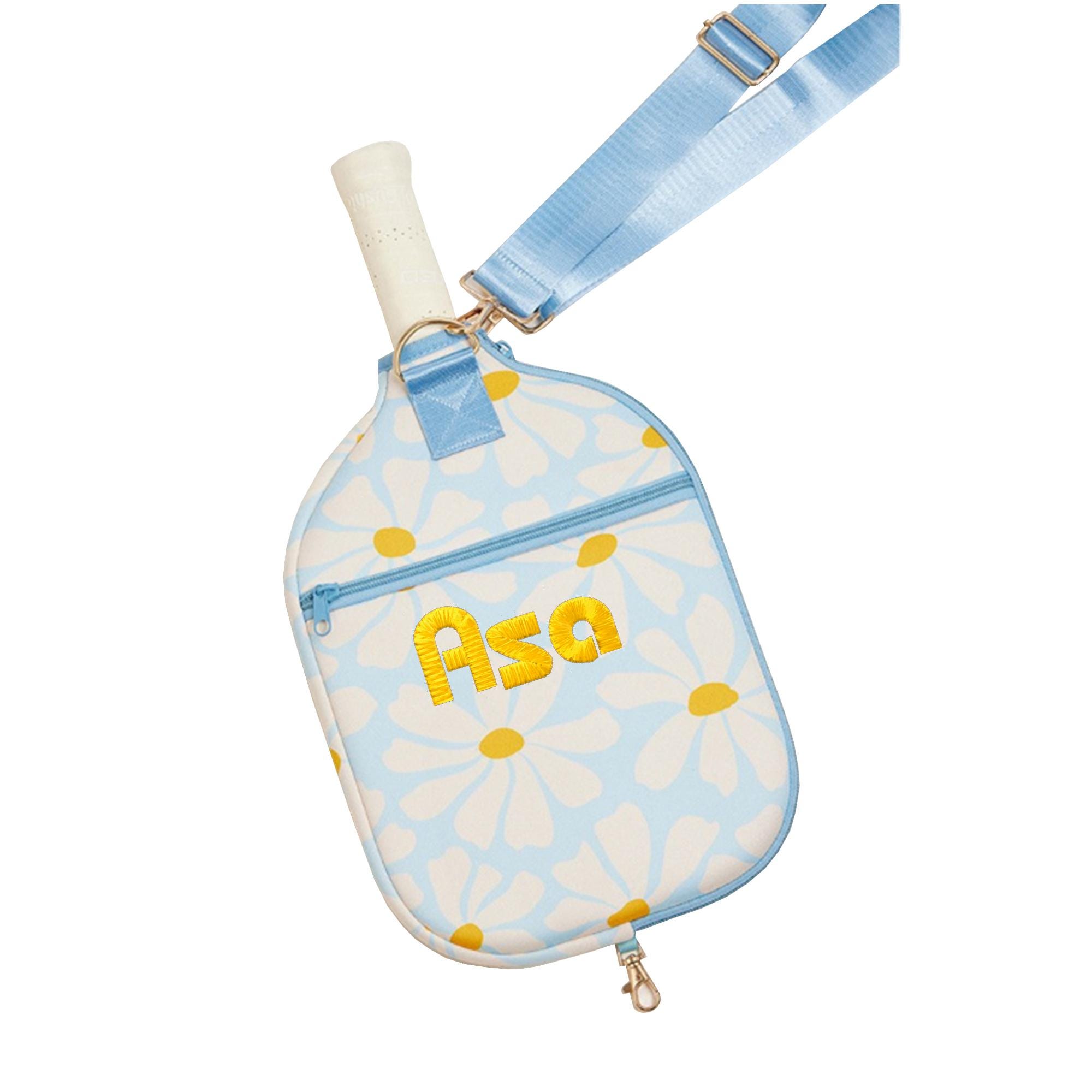 Personalized Daisy Pattern Pickleball Paddle Case Bag, Custom Name Gift for Pickle Ball Lover, Baby Blue Floral Pattern Case for Racquets