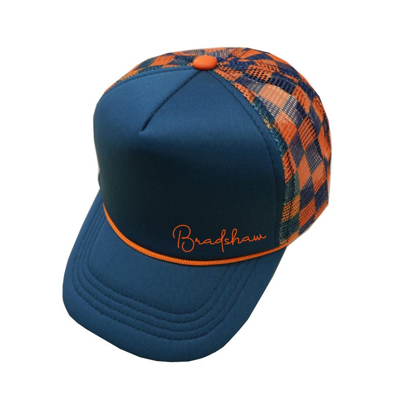Personalized Checkered Print Two Tone Trucker Hats, Custom Text Check Print Mesh Trucker Hats, Bachelorette Party Favors, Logo, Sports Cap image 1