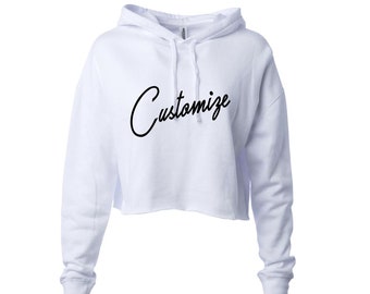 CUSTOM TEXT White Soft Fleece Long Sleeve Crop Sweatshirt- Customize Hooded White Crop Sweater- Gift for Her- Custom Hoodie for Her- Trendy