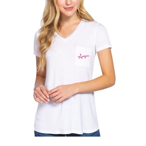 CUSTOM TEXT Any Color V-neck Pocket T-shirt Personalize Pocket Tee- Women&#39;s V Neck Tee- Personalize Shirt- Bachelorette Party, Business Logo