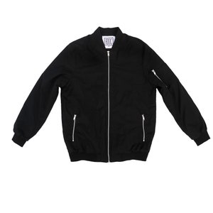 May include: A black bomber jacket with a zipper closure and two zippered pockets on the sleeves. The jacket has a ribbed collar and cuffs. The label on the jacket reads "ADOC".