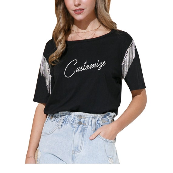 Custom Rhinestone Shoulder Fringe Shirt, Bachelorette Bling Party Tee,  Personalized Bridal Short Sleeve Shirt, Logo Embellished Tassel Shirt -   Denmark