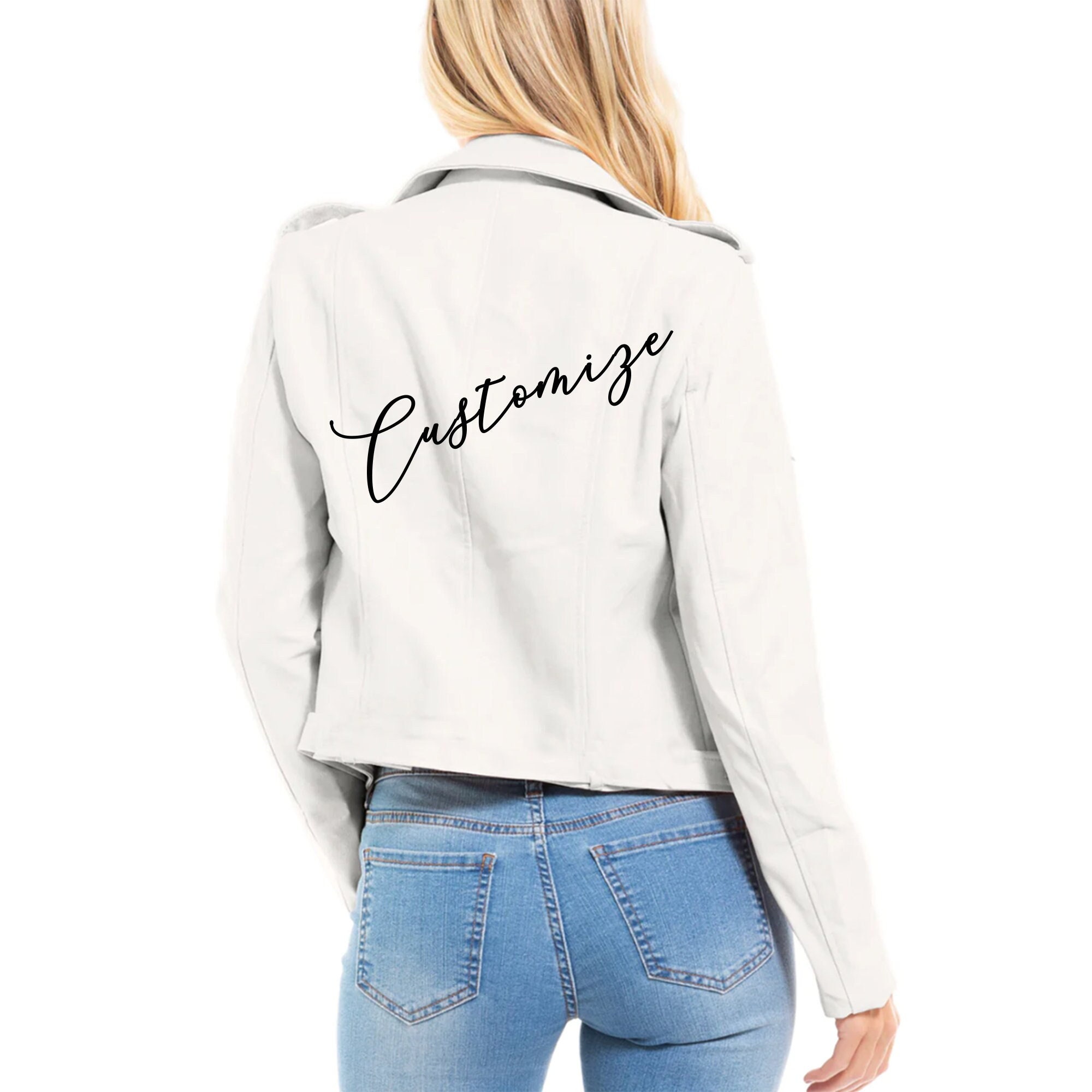Custom Text White Faux Leather Jacket, Personalized Leather