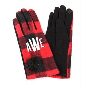 Monogram Initials Buffalo Plaid Gloves- Womens Buffalo Plaid Pom Smart Touch Gloves- Personalized Stocking Stuffer for Her- Driving Gloves