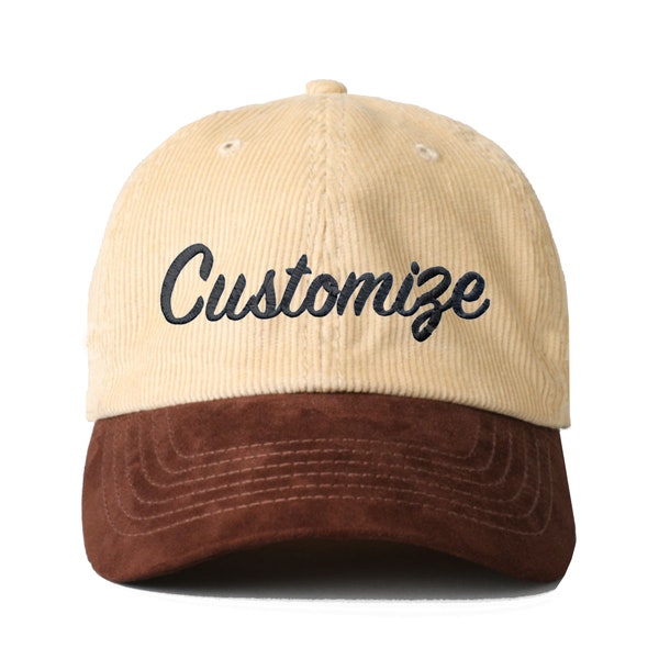 Customized Two Tone Suede Corduroy Baseball Hat, Unisex Relaxed Fit Personalized Embroidered Cap, Business Logo, Matching Sports Dad Hat