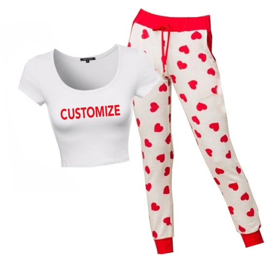 Custom Text Monogram Red Heart Jogger Pajama Set Womens Crop - Etsy