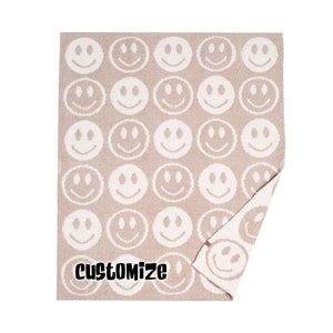 Personalized Adult or Kid Beige Smile Face Blanket, Embroidered Monogram Tan Luxury Soft Happy Smile Throw Blanket, Baby Shower Gift
