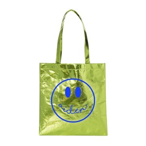 Customized Name or Text Smile Face Green Metallic Tote Bag, Birthday Party Favor Bag, Bachelorette Party Tote, Happy Face Gift for Her