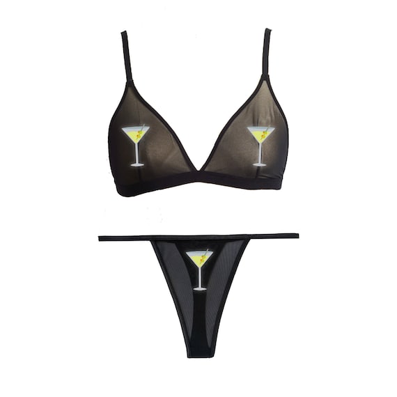 Martini Black See Through Mesh Bralette and Thong Underwear Iron on  Patches, Martini Glass Pasties Lingerie Set, Gift for Birthday Girl