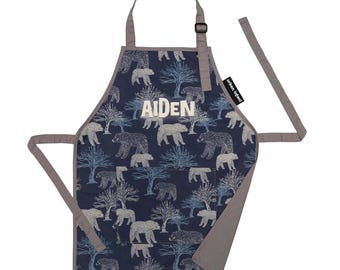 Delantal personalizado de osito para niño, delantal de cocina/jardinería con monograma personalizado, delantal lavable con lazo, regalo de cumpleaños
